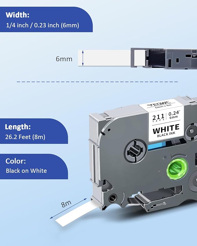 TZ Tape 6mm 0.23 Laminated White Label Tape Tz-211 Compatible for Brother P-Touch Tze-211 1/4" Tze Label Refills Work for Ptouch Label Maker PT-D220 PT-D210 PT-H110 PT-D400, Black on White, 4-Pack