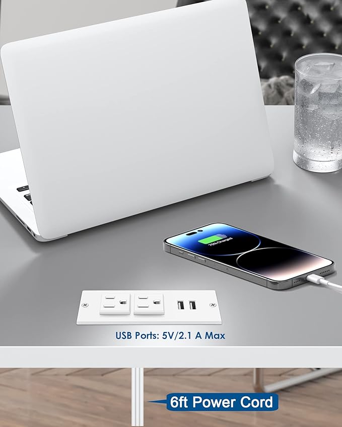 Conference Recessed Power Strip Socket 6.56Ft Cord,Desktop Power Grommet Power Strip with 2-Outlet & 2 USB Ports,Furniture Flush Mount Charging Station,Desk Outlet for Side Table or End Table(White)