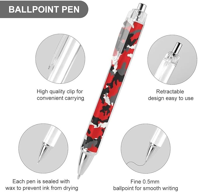Men Women Cute Ballpoint Pens with Black Ink, 0.5mm Retractable Writing Pens Red Black Camouflage Camo Ball Point Pen Office Accessories Stationary, 2 Pcs