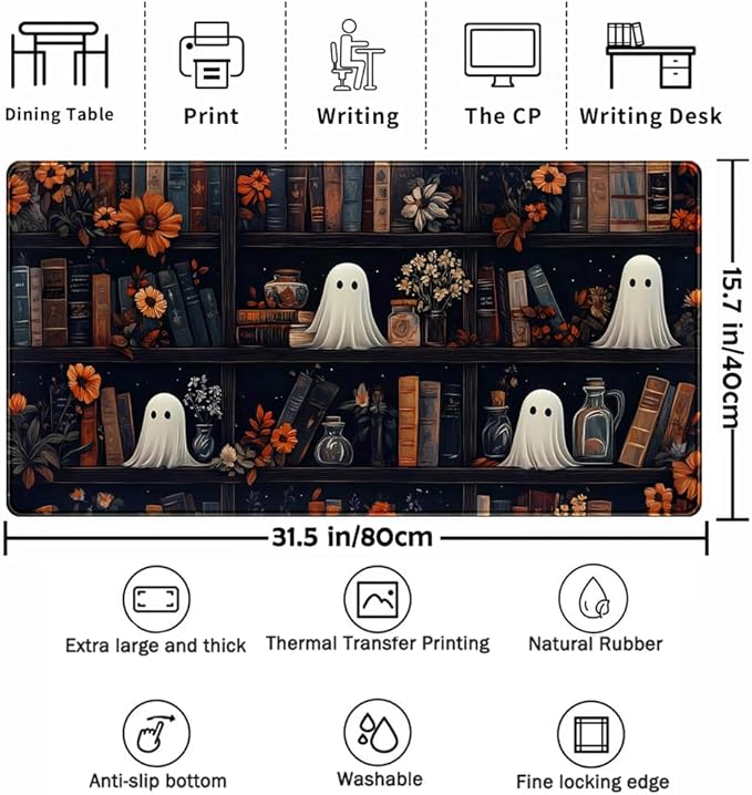 Cute Ghost Desk Mat Dark Vintage Large Mouse Pad Gaming Black Mouse Pad XXL Large Gaming Mousepad Desk Mat for Desktop Office Computer Laptop Keyboard and Mouse Mat - 31.5 X 15.7 in Desktop Protector