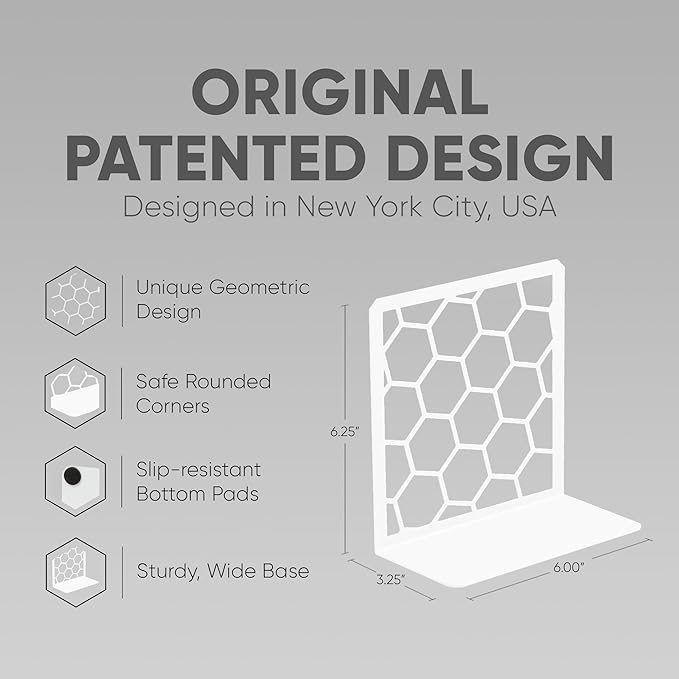 GEOMOD Geometric Honeycomb White Metal Bookends Decorative - Tall Sturdy Book Ends for Shelves - Modern Heavy Duty Bookend Stopper - Office or Home Book Shelf Book Holder - 6x3.25x6.25 Inches - 1 Pair