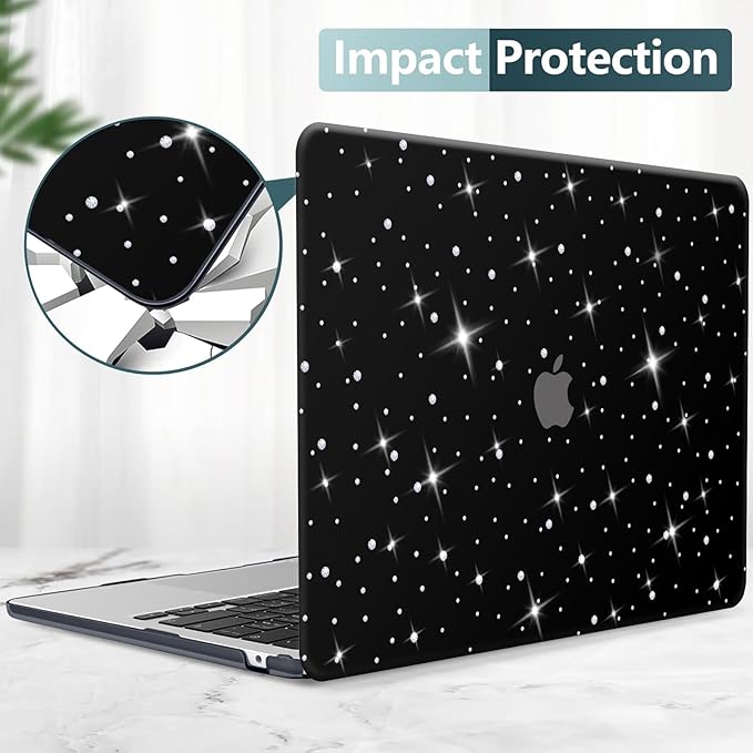 KEROM Glitter Case for MacBook Air 13 inch 2025-2022 M4 M3 M2 A3240 A3113 A2681, Luxury Bedazzled Shiny Bling Sparkle Textured PU Leather Hard Shell & Keyboard Cover for Mac Air 13.6 inch Case, Black