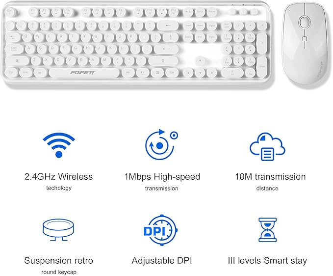 FOPETT Wireless Keyboard and Mouse Combo, 104 Keys Full-Sized 2.4 GHz Round Keycap Colorful Keyboards, USB Receiver Plug and Play, for Windows, Mac, PC, Laptop, Desktop (White)