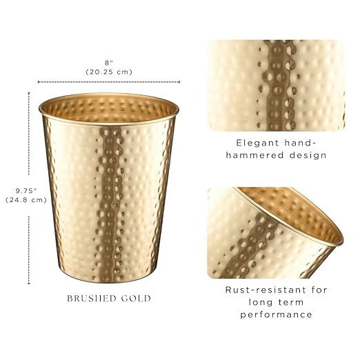 Monarch Abode Brushed Gold Hand Hammered Metal Wastebasket for Home Office Bedroom, Decorative Waste Basket, Modern Garbage Can, Durable & Decorative Trash Bin, Brushed Gold Bathroom Trash Can