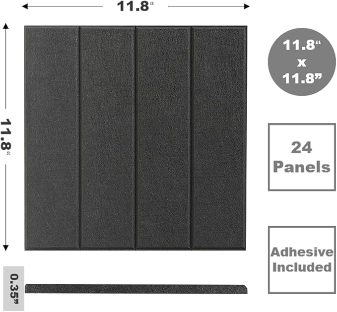 Large Cork Board Alternative - 24-Pack Felt Wall Tiles with Safe Removable Adhesive Tabs, Cork Wall Tiles Bulletin Board Home Office Essentials - Black