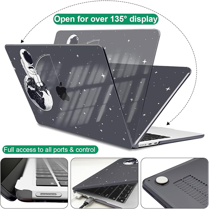 for MacBook Air 13.6 inch Case 2025 2024 2023 2022 Release Model A3240 M4 A3113 M3 A2681 M2, Crystal Black Printed Pattern Plastic Hard Shell for 2025 Mac Air 13.6 M4 Cover, Astronaut Earth