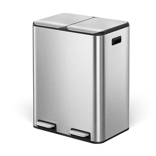 Cesun Kitchen Trash Can, 8 + 8 Gallon Dual Trash and Recycle Bin Combo, 2 Compartment Stainless Steel Kitchen Garbage Can with Lid, Removable Inner Buckets, Soft Close, Odor Filter, 30L+30L