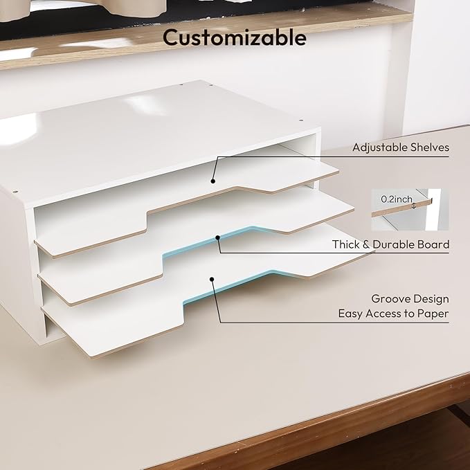 12x18 Construction Paper Organizer, 4-Tiers Paper Storage Shelf, Wooden Desk Organizer, File Holder and Letter Tray for Office, Home, Classroom