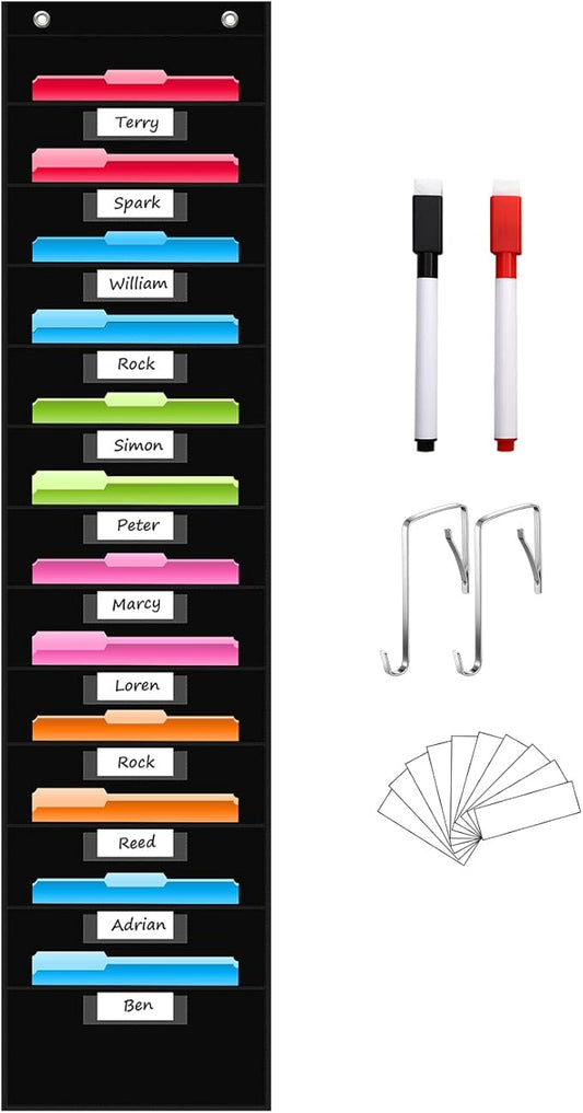 REGELETO 12 Pockets File Storage Pocket Chart with 12 Nametag Pockets,Hanging Wall File Organizer for Classroom and Office, Organize Your Assignments, Files, Scrapbooks, Paper (Black)