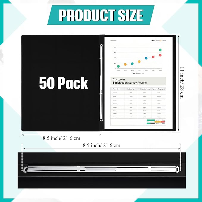 50 Pcs 8.5'' x 11'' Pressboard Report Cover, 3'' Capacity Metal Prong Fastener with Compressor, Letter Size, Presentation Folder to Neatly Bind Report, Proposal Document (Black)