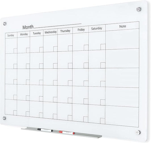 J&J worldwide Magnetic Whiteboard Calendar, 3' x 2' Glass Wall Calendar Dry Erase Board Monthly Planner for Home, School, Office, Frameless, with Markers, Marker Tray, Eraser, Magnets, 35 x 23 Inches