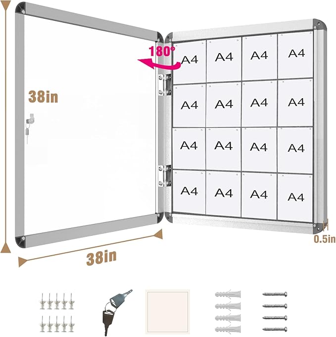38"x38" Enclosed Bulletin Board, Lockable Weather-Resistant Aluminum Cork Noticeboard for School & Office, Silver Frame w/Grey Flet