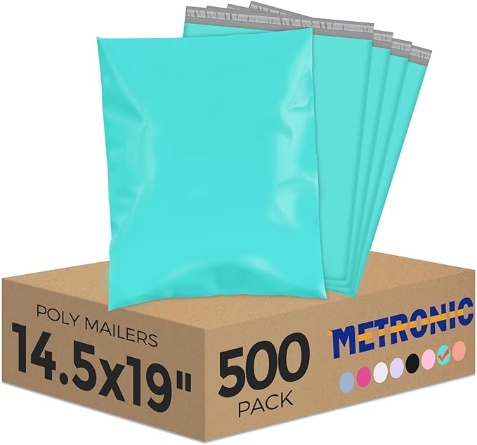 Metronic 500PC Poly Mailers 14.5x19, Sturdy Shipping Bags for Small Business, Waterproof Mailers Poly Bags, Strong Adhesive Shipping Envelopes for Clothing, Efficient Mailing Envelopes in Teal