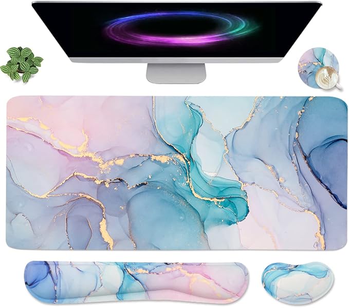 4-in-1 Large Gaming Mouse Pad, Keyboard Wrist Rest Pad & Wrist Support Mousepad Set, Extended Desk Pad Waterproof Desk Mat for Home Office Study Game - Blue