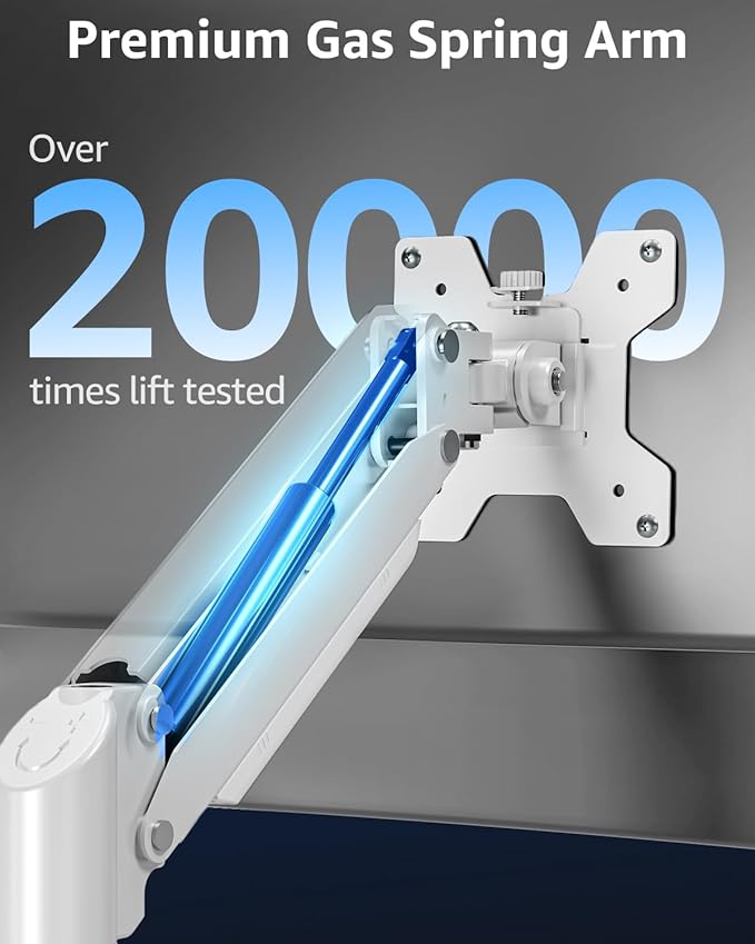 Single Monitor Arm Holds 4.4-22lbs, Monitor Stand for Desk, Height Adjustable Monitors Mount for 32 27 24 22inch, Full-Motion Monitors Desk Mount with C-Clamp＆Grommet Base, Freelift White