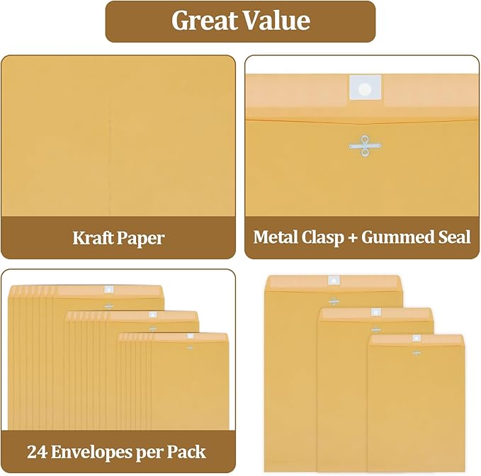 3 Sizes Clasp Envelopes Security Mailing Envelopes with Metal Clasps Kraft Paper Envelopes for Office, School, Home, Shipping Documents, Photos, Mailers (24 Packs)