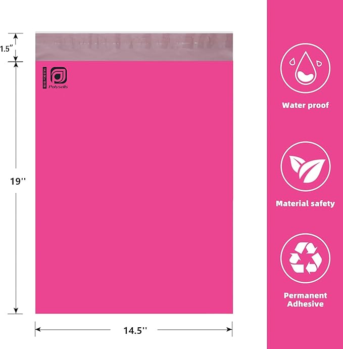 POLYSELLS 50 pcs 14.5x19 Inches Pink Poly Mailers Shipping Envelopes, Strong Adhesive Sealing, Waterproof, and Tear-resistant Postal Mailing Bags for Clothing, Books, and Accessories