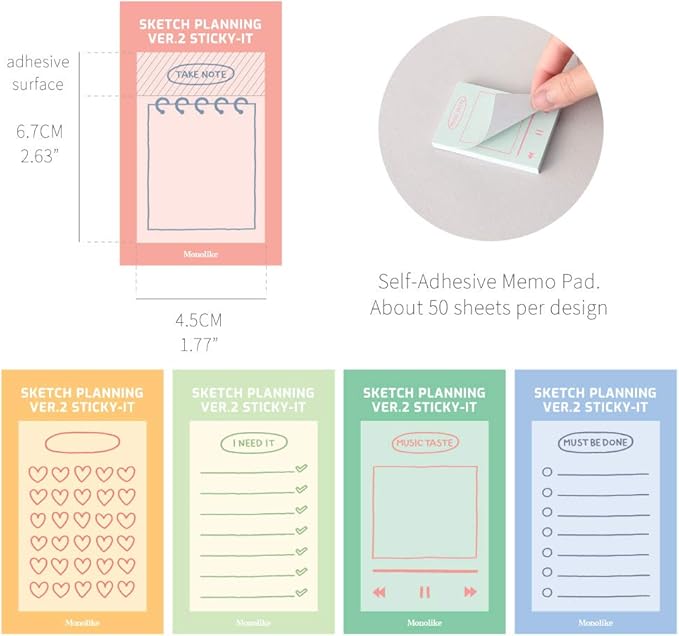 Monolike Sketch Planning Ver.2 Sticky-it - 5p Set Self-Adhesive Memo Pad 50 Sheets