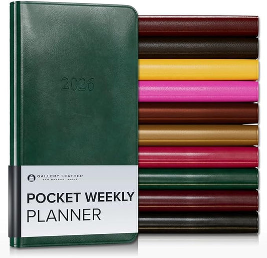 Gallery Leather Pocket Weekly Monthly Planner 2025-2026, Elegantly Bound Calendar Planner and Notebook with Stylish Gold-Gilded Page Edges, 12 Months - Acadia Green - 6 x 3.25 "