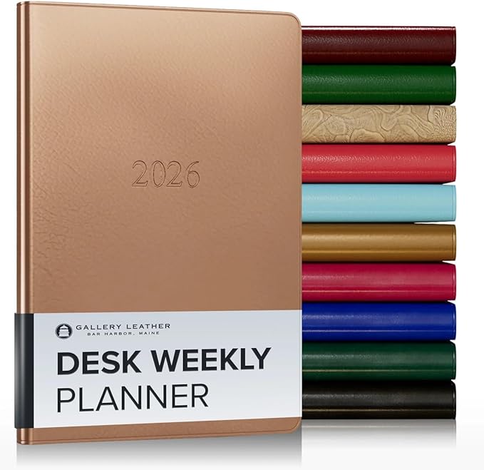 Gallery Leather Desk Weekly Monthly Planner 2025-2026, Elegantly Bound Calendar Planner and Notebook with Stylish Gold-Gilded Page Edges, 12 Months - Freeport Metallic Rose Gold - 8 x 5.5 "