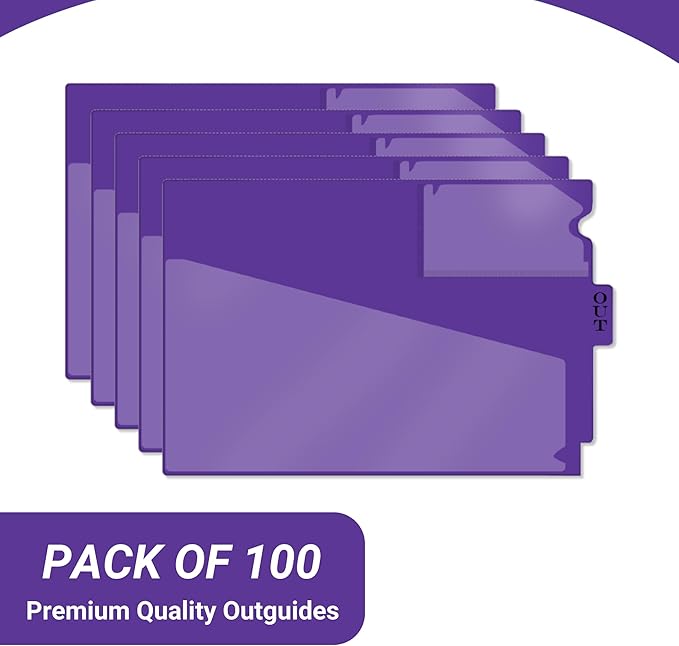 Doctor Stuff - Center Tab Vinyl Out Guides, Diagonal Cut Front Pocket, Top Charge Out Slip Pocket, Plastic File Folder, Letter Size 9" x 13-1/4", Purple, 100/Box