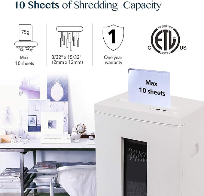 WOLVERINE 10-Sheet Super Micro Cut High Security Level P-5 Heavy Duty Paper/CD/Card Ultra Quiet Shredder for Home Office by 60 Mins Running Time and 6 Gallons Pullout Waste Bin SD9112(White ETL)