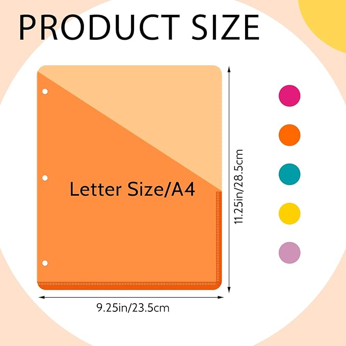Maitys 50 Pack Binder Pockets 3 Hole Punch Clear Plastic Document Folders Binder Organizer Store Letter Size 8.5x11 Inch Paper Folders with Pockets Slash File Jacket for Office (Summer Color)