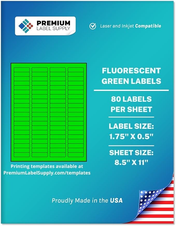 Premium Label Supply Bright Neon Color Fluorescent Sticker Labels - 1.75" x 0.5" Return Address Labels - (Fluorescent Green, 80,000 Labels)