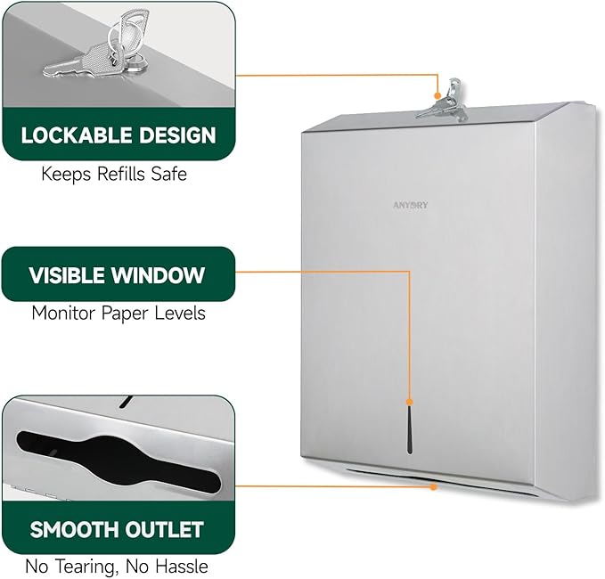 Commercial Paper Towel Dispenser Wall Mount 400-Sheet Capacity Brushed Stainless Steel Lockable Fits Multifold/Z-Fold Towels (Folded Size ≤ 10.6" x 3.9")