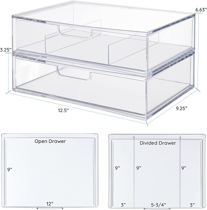 STORi STAX Plastic Stackable Organizer Drawers (Set of 2) Clear | 12.5" Wide | Set Includes One Open Drawer & One Divided Drawer | Organize Office Desk Accessories & Sort Paper | Made in USA