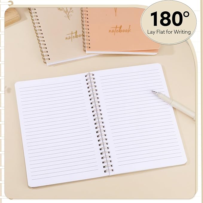 3 Pcs Spiral Notebook 5.9x8.3, 140 Pages Small Notebook for Women A5 College Ruled Journals Cute Notebooks with Large Pockets and Index Stickers for Home School Office Use（Green, Beige, Orange）