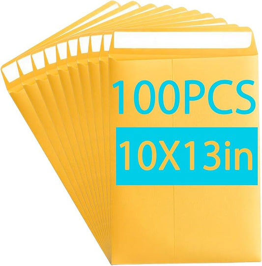 Gummed Mailing Envelopes 10x13 Inch, 100 Pack Brown Kraft Manila Envelopes 28lb, Catalog Document Envelopes for Home, Office, School, Business (Yellow, 100PCS)