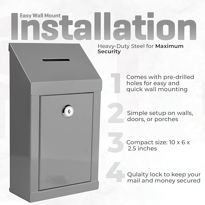 Metal Donation Box-Suggestion Box with Slot and lock-Cash Lock box for Money-Waterproof Drop Box-Comment and ballot voting box-comes with pre-drilled holes for easy wall mounting 10 X 6 X 2.5"(Gray)