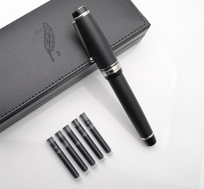 Metal Big Fountain Pen Set Medium Nib 0.7mm, Includes Ink Refill Converter, 5 Ink Cartridges & Gift Box (Medium Nib 0.7mm, Matte Black with Silvery Clip)