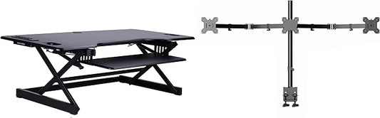 Rocelco 46" Standing Desk Converter with AC USB Charger and Triple Monitor Mount Arm - Height Adjustable Sit Stand Up Three Screen Riser Workstation - Keyboard Tray - Black (R DADRB-46-ACUSB-DM3)