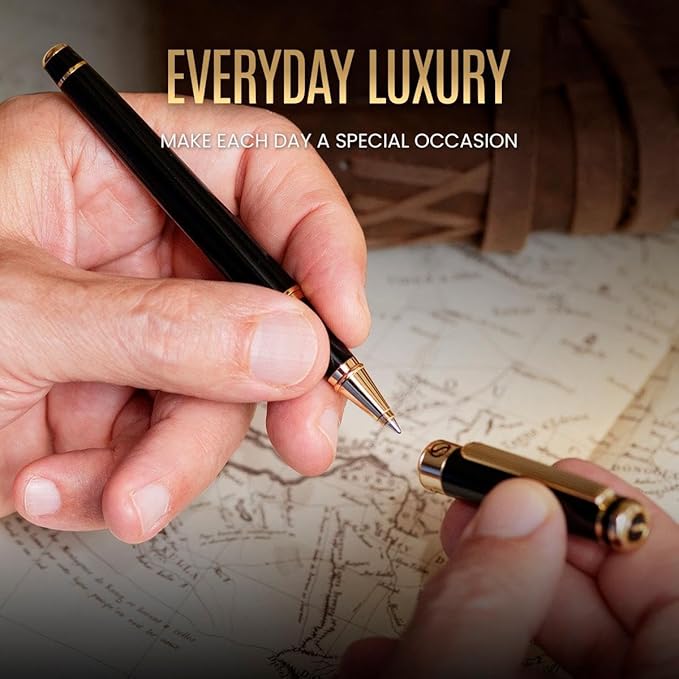 Scriveiner Black Lacquer Rollerball Pen - Stunning Luxury Pen, Real Gold Plating, Schmidt Ink Refill, Best Roller Ball Gift Set for Men & Women, Professional, Executive Office, Nice Pens
