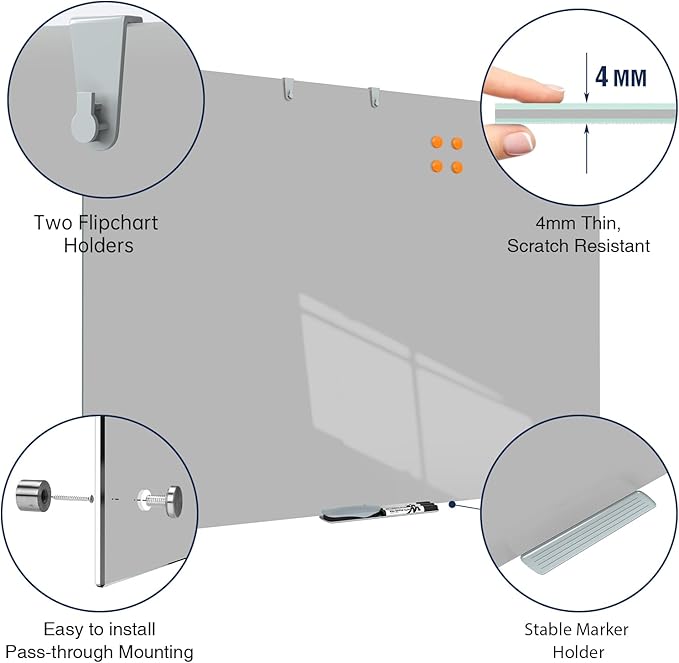 TSJ OFFICE Glass Dry-Erase Board - 48 x 36 Inches Wall Mounted Magnetic Whiteboard, Large Frameless Glass White Board for Office, Home & School, Gray