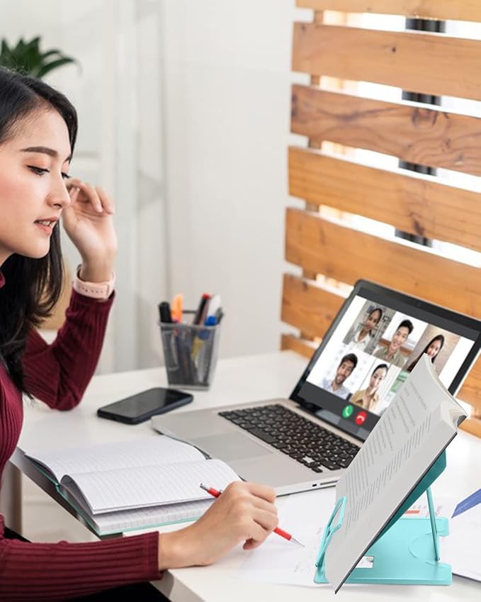 MSDADA Desk Book Stand Metal Reading Rest Book Holder Adjustable Cookbook Documents Holder Portable Sturdy Bookstands for Recipes Textbooks Tablet Music Books with Page Clips (Light Lake Green)