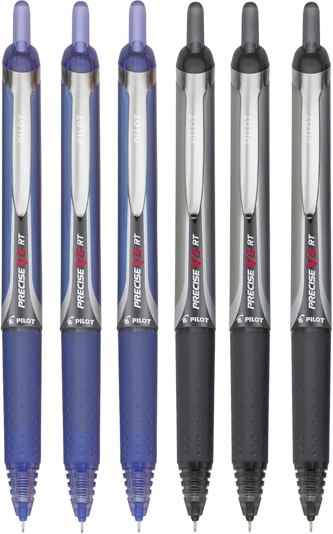 Precise V5 RT Retractable Rolling Ball Pens, Extra Fine Point (.5mm), Assorted Colors Black/Blue Ink, 6-pk; Premium Comfort Grip, Bundle with Plastic Reusable Pouch