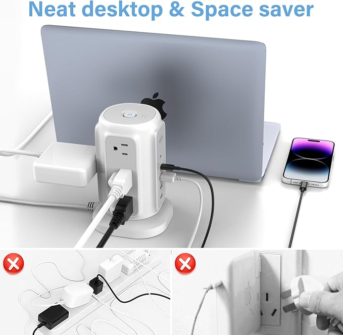 AiJoy Flat Plug Power Strip Tower with 9 Outlets and 5 USB Ports (2 USB-C), 1200J Surge Protection, 1625W Extension Cord with Multiple Outlets Charging Station for Home Dorm Office Supplies