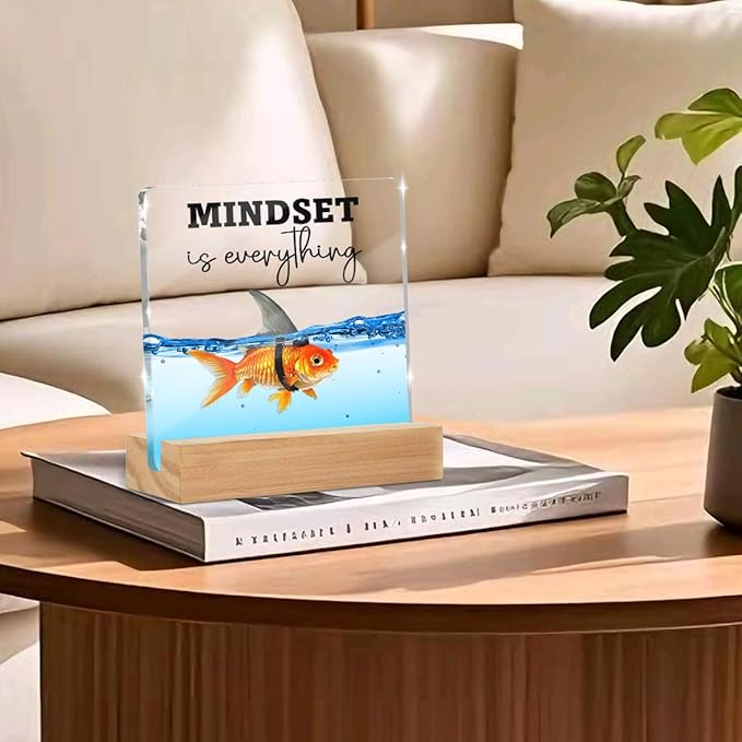 Christmas Thank You Gifts, Mindset is Everything Inspirational Gifts for Women Coworkers Friends, Funny Goldfish Desk Decor Acrylic Sign 4x4 Inch, Positive Affirmations Desk Accessories Signs for Table Top Cubicle Office Decor