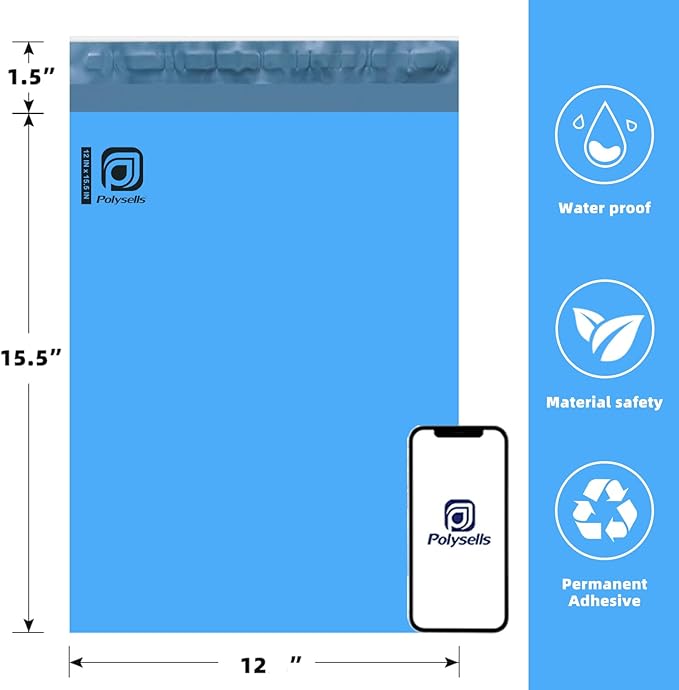 POLYSELLS 500 pcs 12x15.5 Inches Blue Poly Mailers Shipping Envelopes, Strong Adhesive Sealing, Waterproof, and Tear-resistant Postal Mailing Bags for Clothing, Books, and Accessories