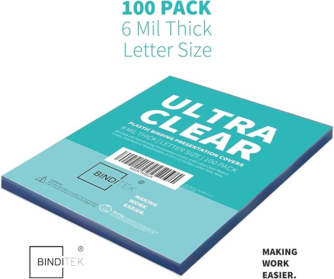 Binditek 100 Pack 6 Mil Clear Presentation Covers for Binding, Ultra Clear, 8.5 x 11 Inches, Letter Size, Square Corners, Un-Punched, Office Supplies