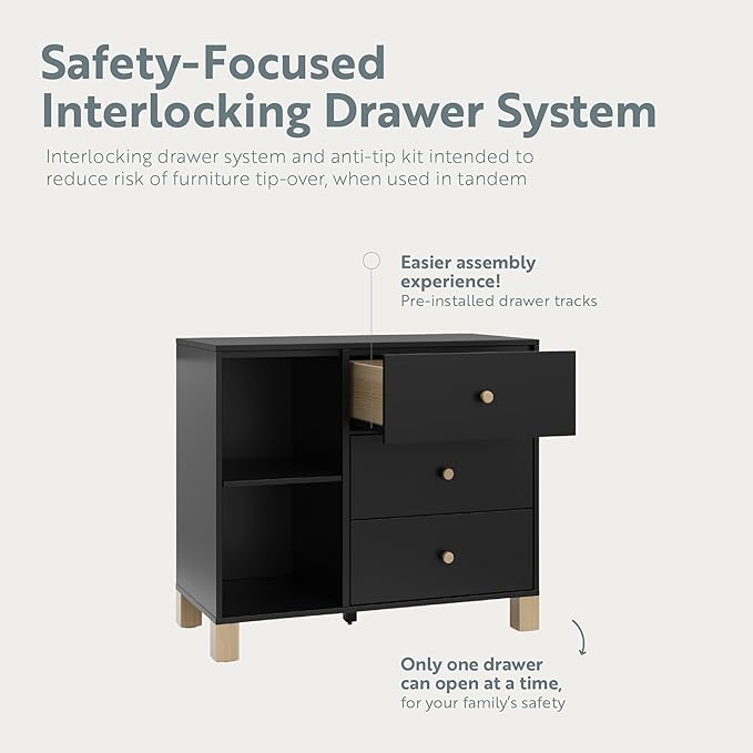Storkcraft California 3 Drawer Combo Dresser (Black with Driftwood) – GREENGUARD Gold Certified, Interlocking Drawer System, Pre-Installed Drawer Tracks for Easier Assembly, Spacious Cabinet