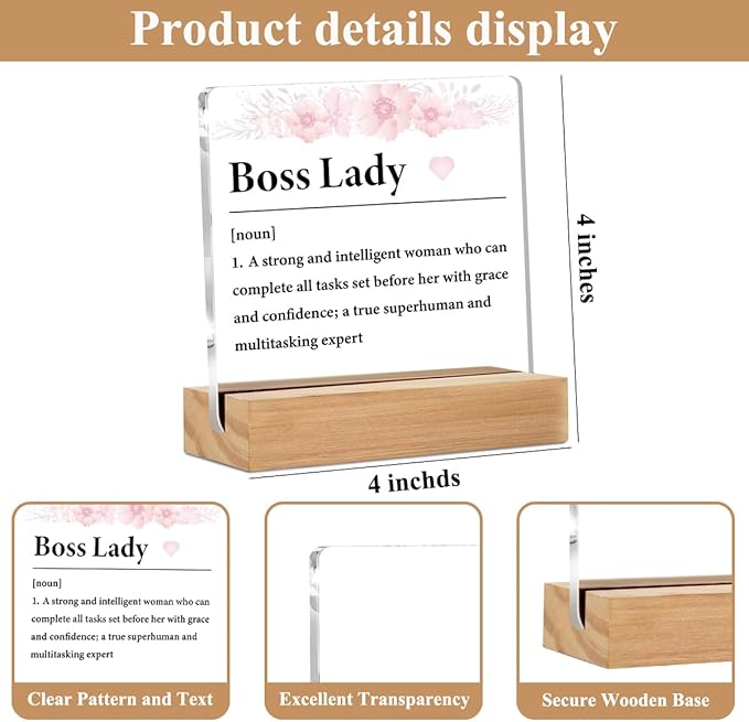 Boss Lady Gifts for Women Office Decor Acrylic Sign with Wood Stand, Best Boss Gifts for Women Leader Boss Mentor Bedroom Living Room Desk Cubicle Table Shelf Decor, Leadership Gifts Manager Gifts