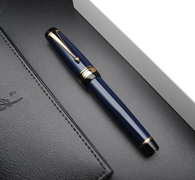 Metal Big Fountain Pen Set Medium Nib 0.7mm, Includes Ink Refill Converter, 5 Ink Cartridges & Gift Box (Medium Nib 0.7mm, Dark Blue)