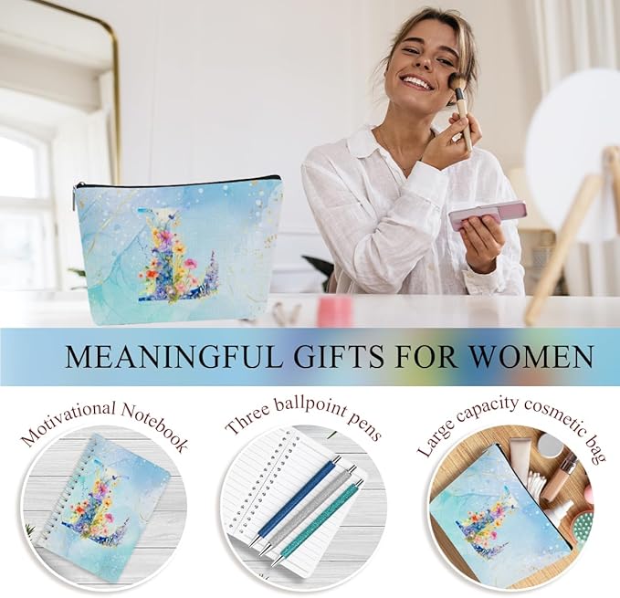 Personalized Gifts Monogrammed Birthday Gifts for Women, Mama New Mom Thanksgiving Wedding Christmas Initial 20 oz Tumbler, Makeup Bag Cup Pens Journal Notebook 6 Set, (Aesthetic Blue Flower L)