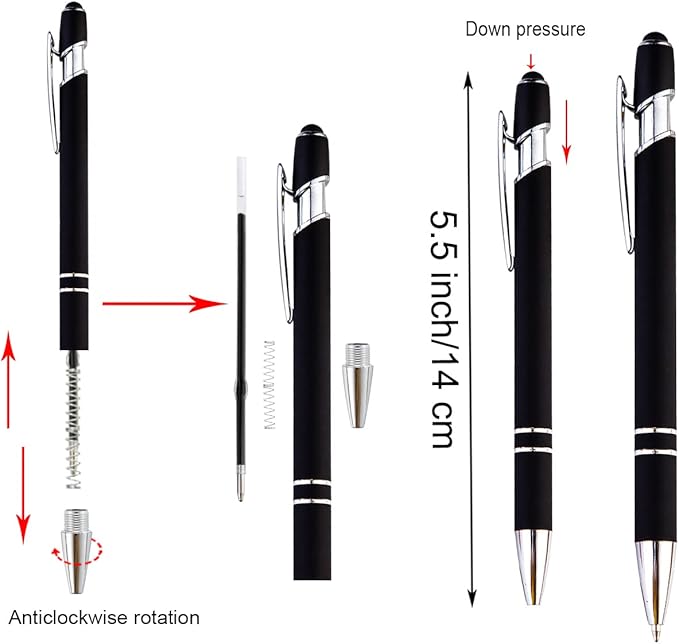 PASISIBICK 8 Pieces Ballpoint Pens with Stylus tip, 2-in-1 Stylus Retractable Ballpoint Pen, Metal Stylus Pen for Touch Screens, 1.0 mm Black Ink