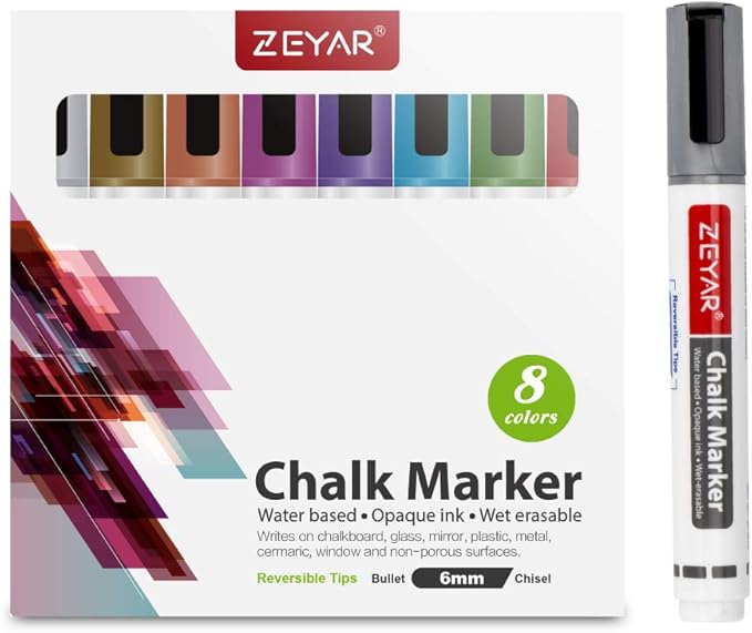 ZEYAR Liquid Chalk Marker-Wet Erase Marker, 6mm Reversible Tip-Bullet or Chisel, 8 Colors, Writes on Chalkboards, Bistro Boards, Windows and Plastic (8 Metallic Colors)
