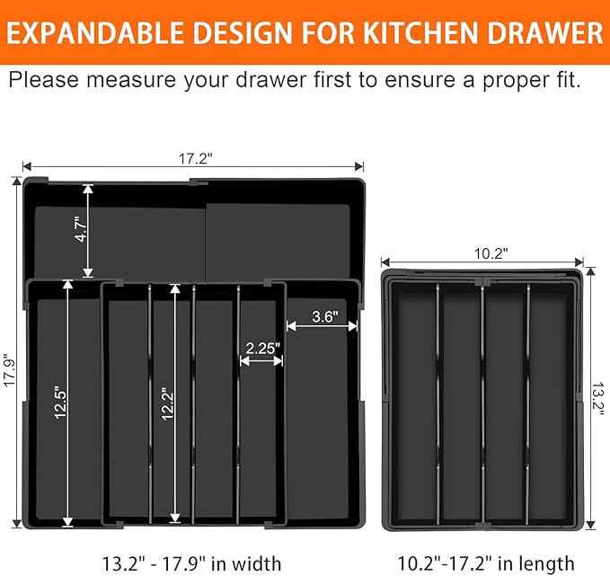 Silverware Organizer - Expandable Kitchen Drawer Organizer, Adjustable Silverware Drawer Organizer, Plastic Cutlery Tray for Forks, Knives, Kitchen Drawer Organizers and Storage, Black